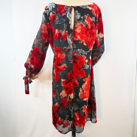 Neiman Marcus | Flocked Velvet Red and Cream and Black Dress | Sz 12 - Picture 12 of 14